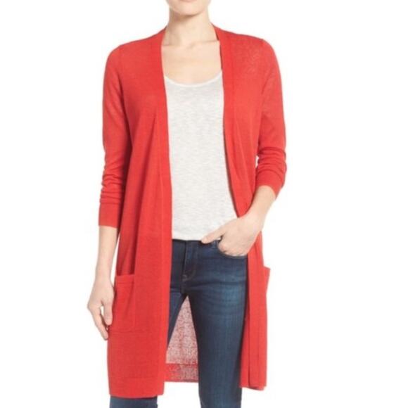 HALOGEN Salmon Colored Linen Blend‎ Long Cardigan Sweater Women’s Size Small - Picture 1 of 11